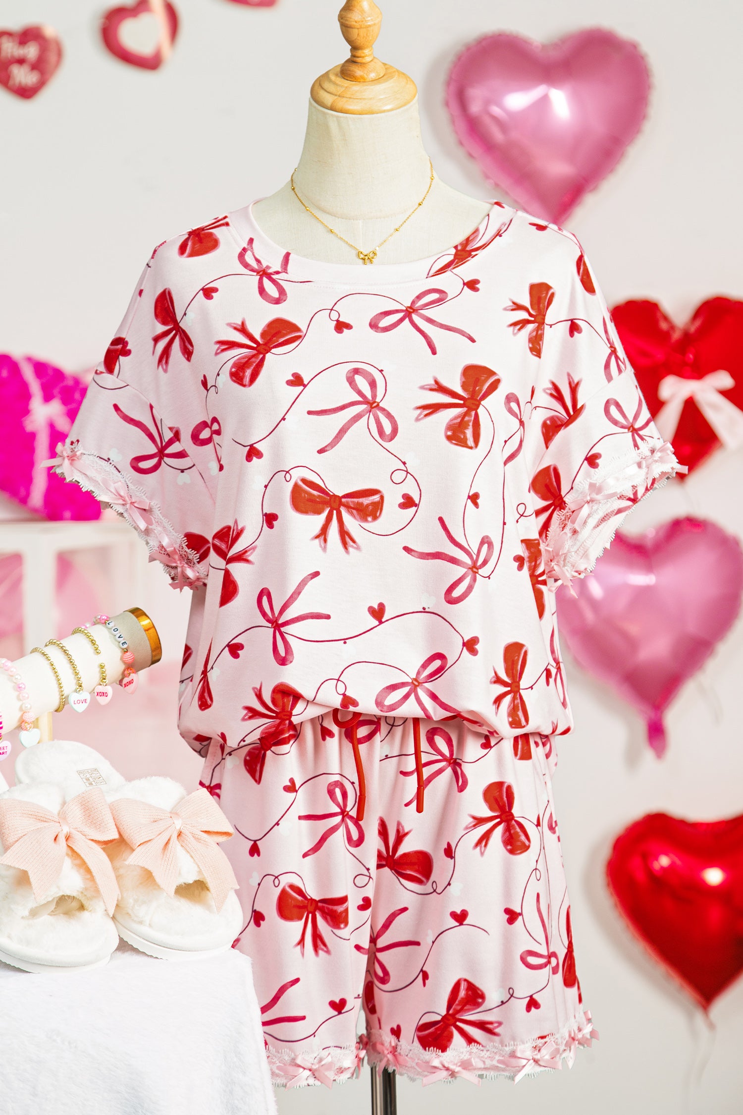 Red Romantic Bow Print Loose Tee Drawstring Shorts 2pcs Lounge Set 🇺🇸