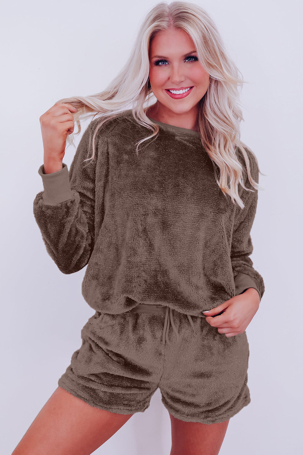 Coffee Solid Loose Fit Two Piece Fleece Lounge Set 🇨🇳