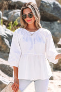 White Bow Knot Cutout Back Loose Fit 3/4 Sleeve Blouse 🇺🇸