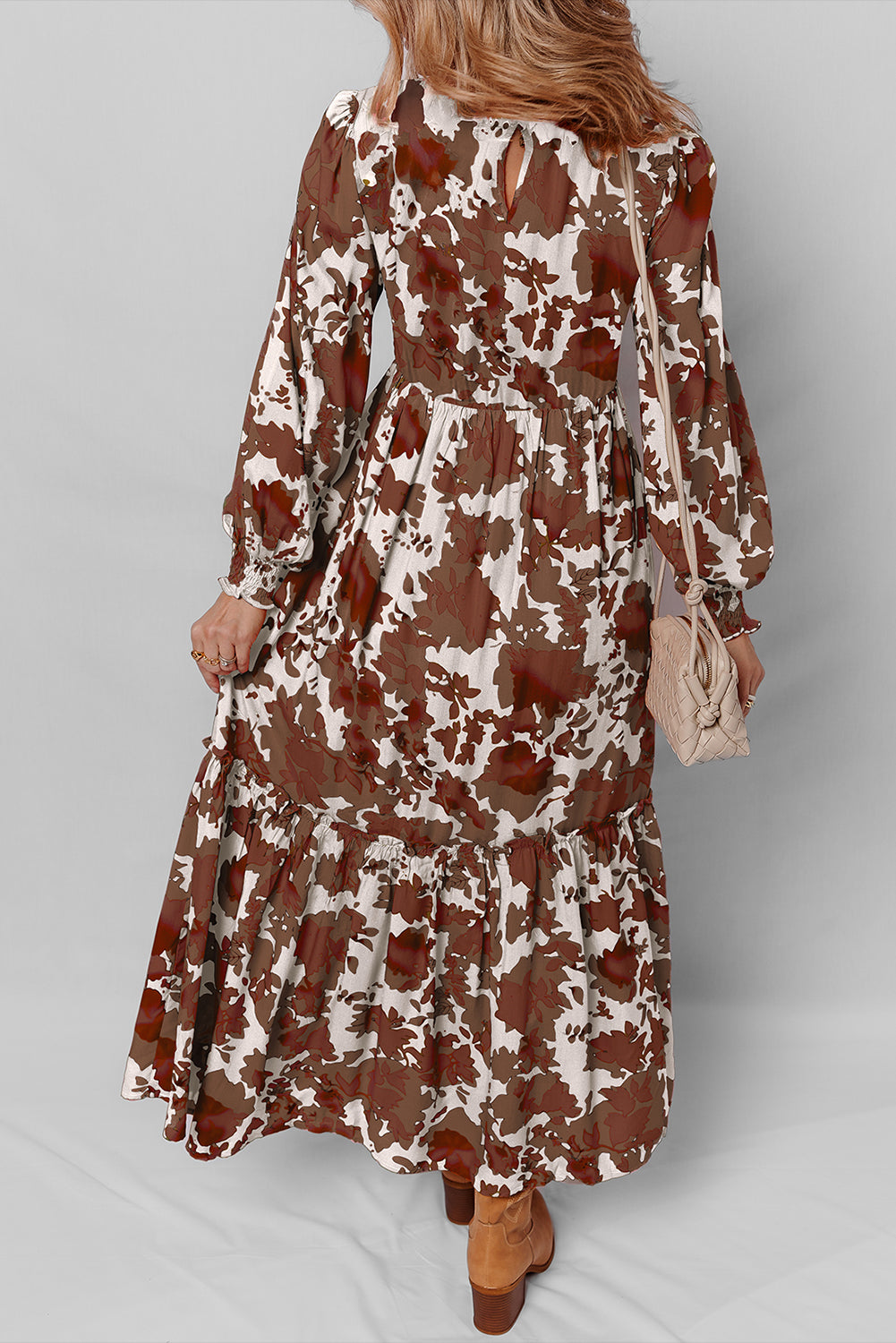 Chestnut Floral Puff Sleeve Smocked Bodice Ruffled Long Dress 🇺🇸