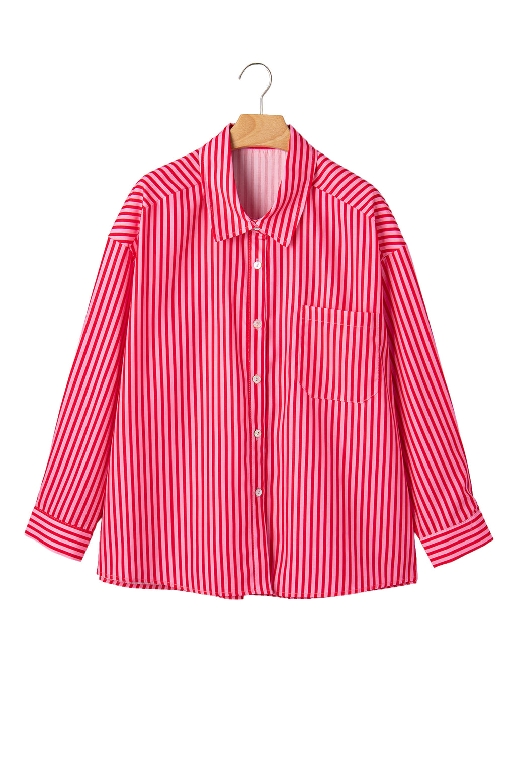 Red Stripe Button-Up Shirt Long Sleeve Patch Pocket Casual Shirt 🇺🇸