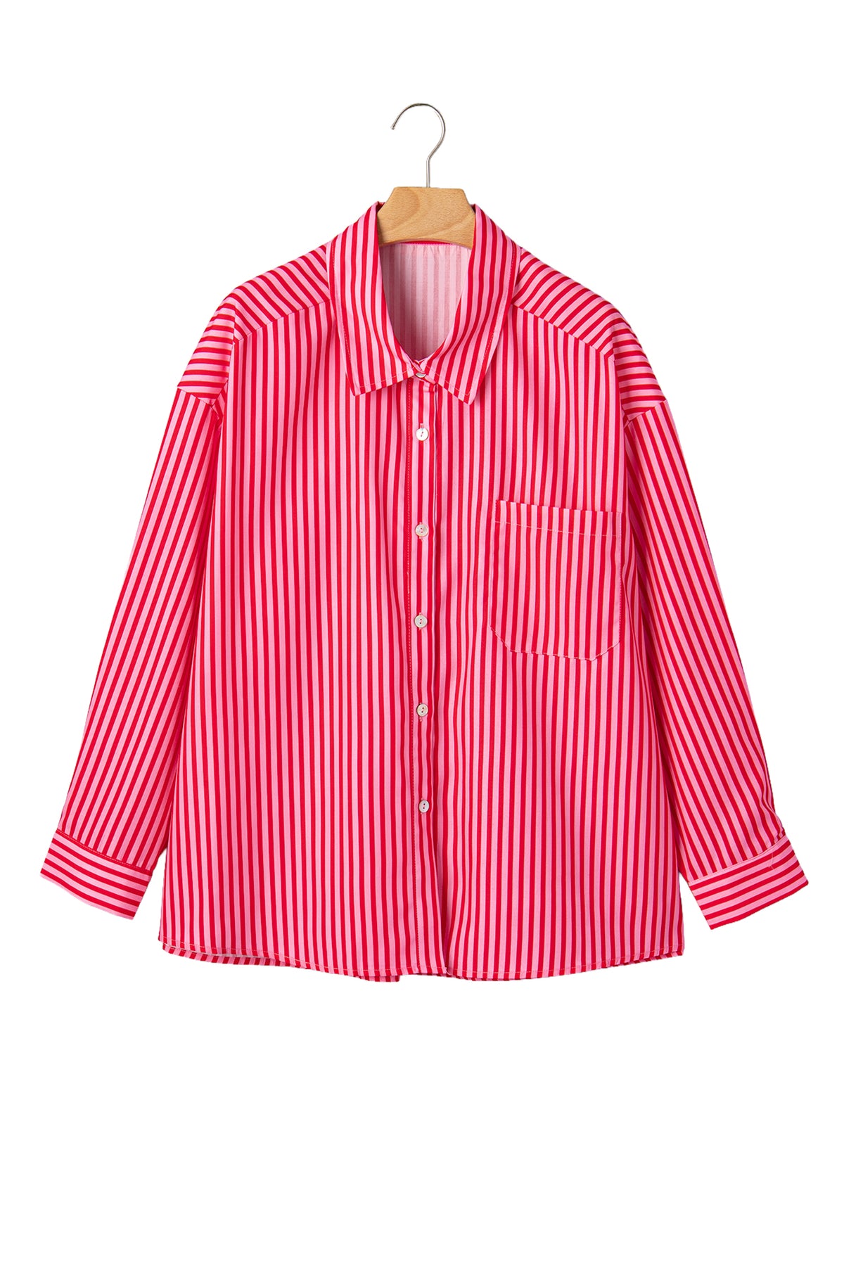 Red Stripe Button-Up Shirt Long Sleeve Patch Pocket Casual Shirt 🇺🇸