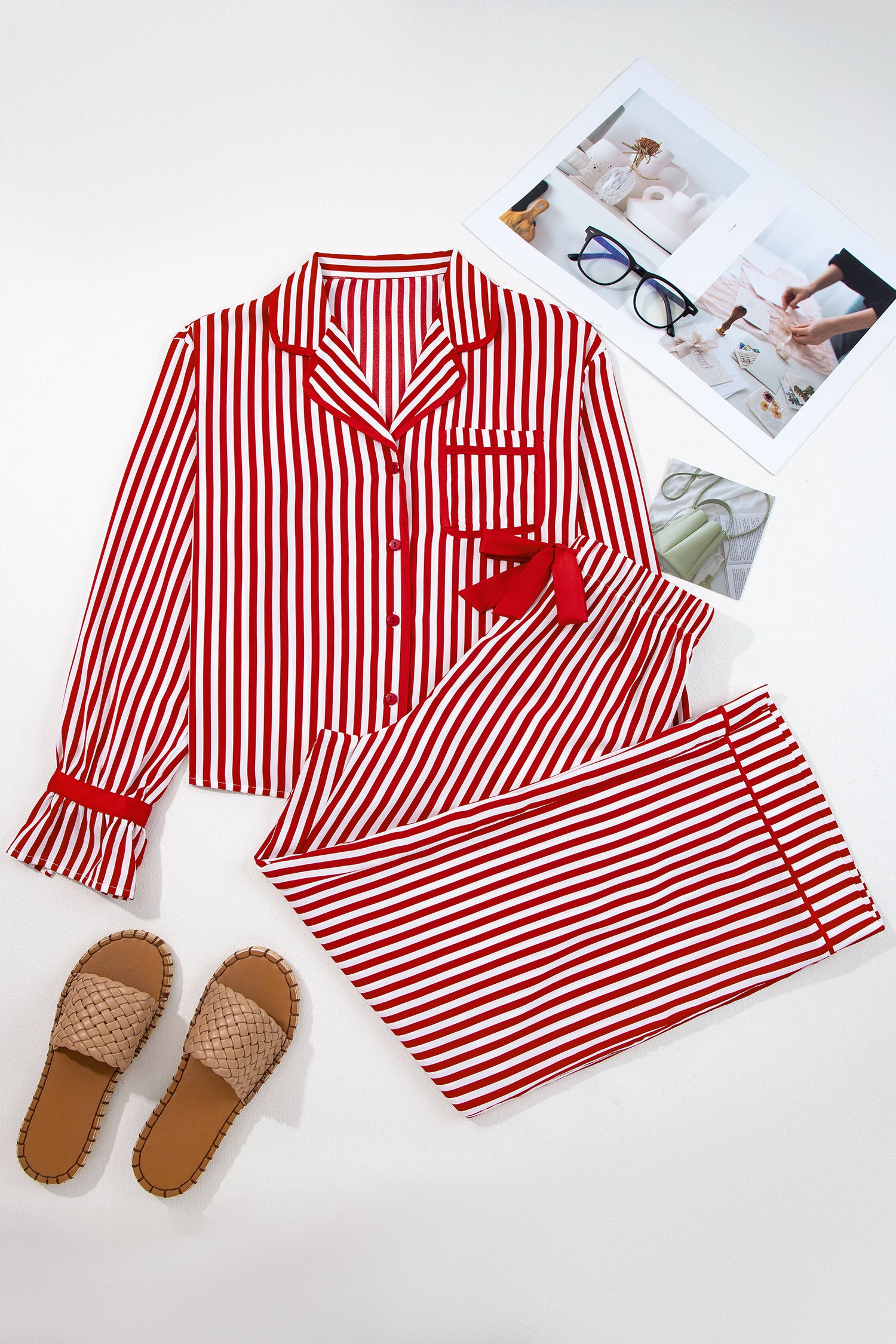 Red Stripe Contrast Velvet Trim Bow Knot Waist 2pcs Pajama Set 🇺🇸