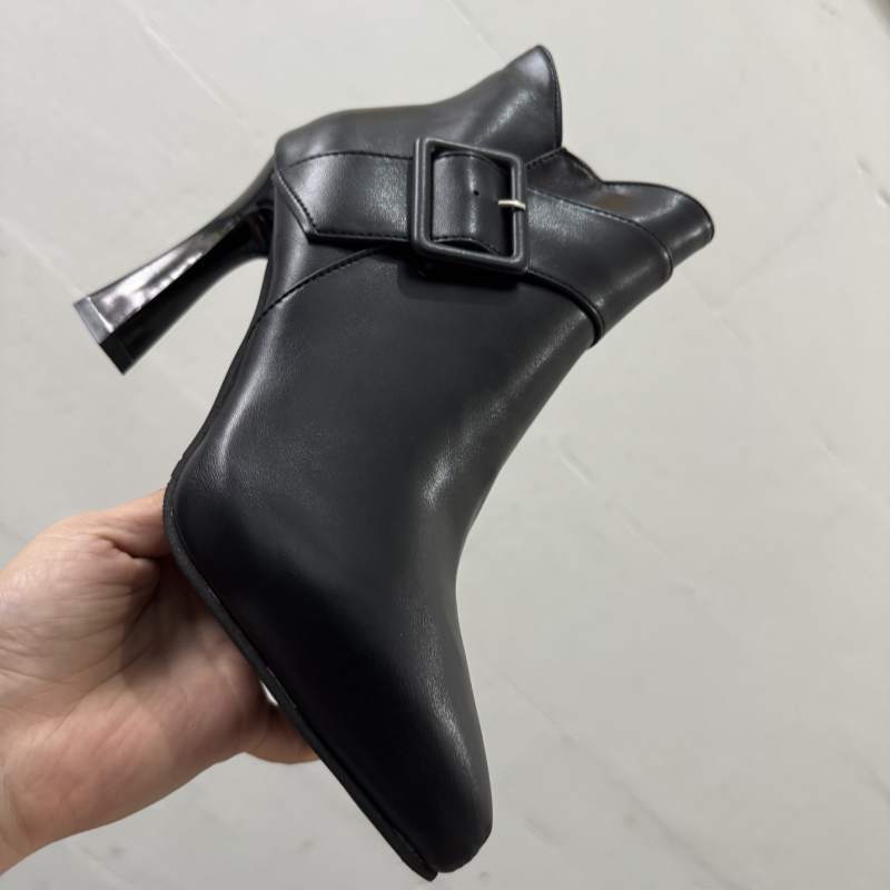 Faux Leather Pointed Toe High Heel Ankle Boots with Buckle Detail 🇨🇳