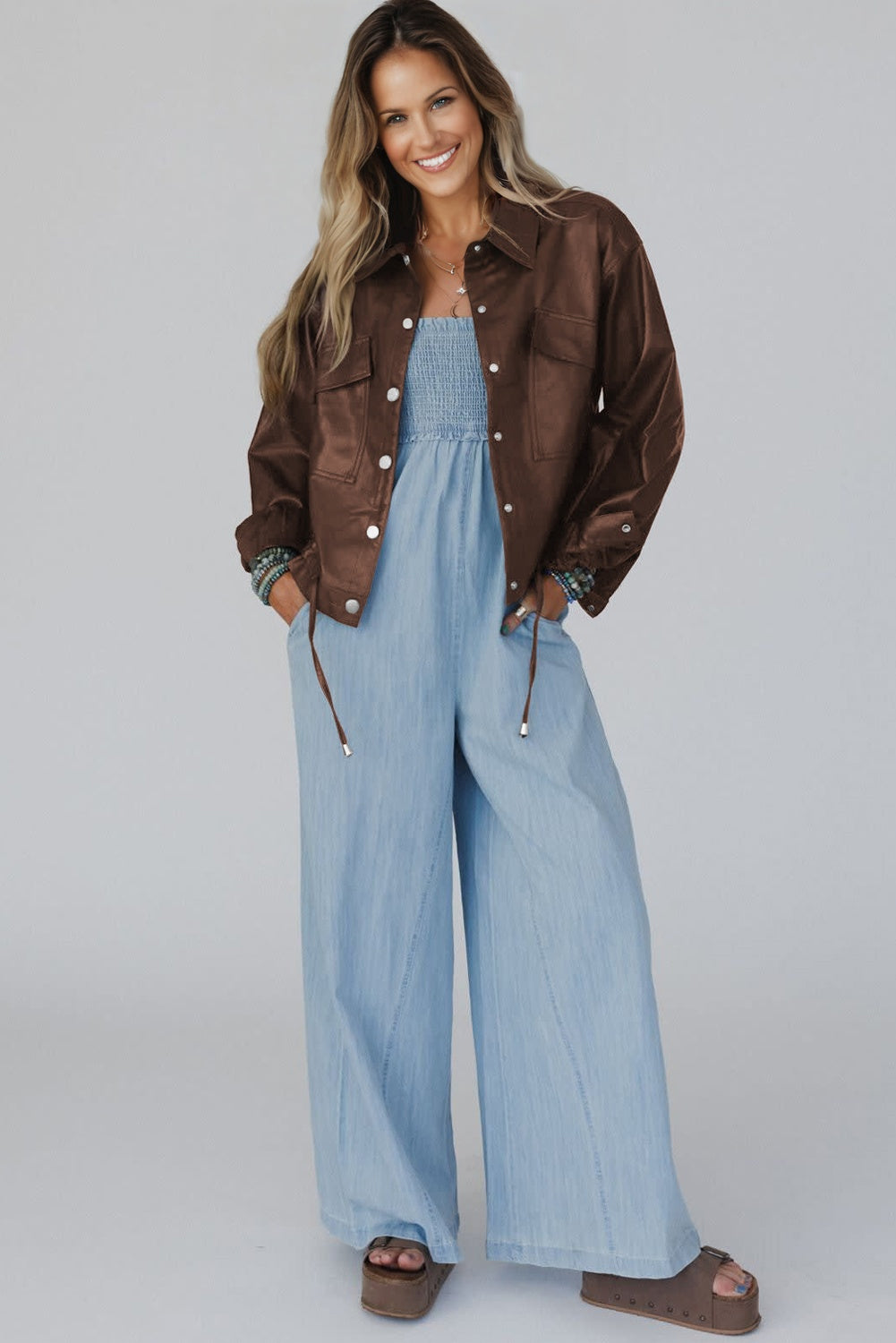 Chicory Coffee Double Flap Pocket Drawstring Hem Leather Jacket 🇺🇸