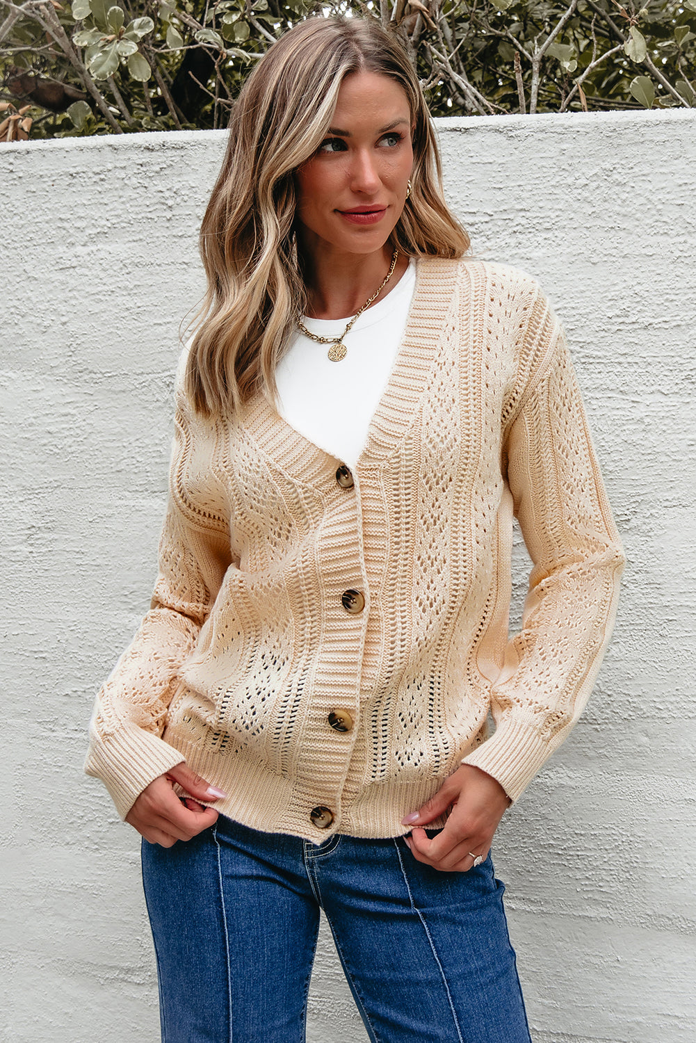 Beige Open Knit Drop Shoulder Sweater Cardigan 🇨🇳