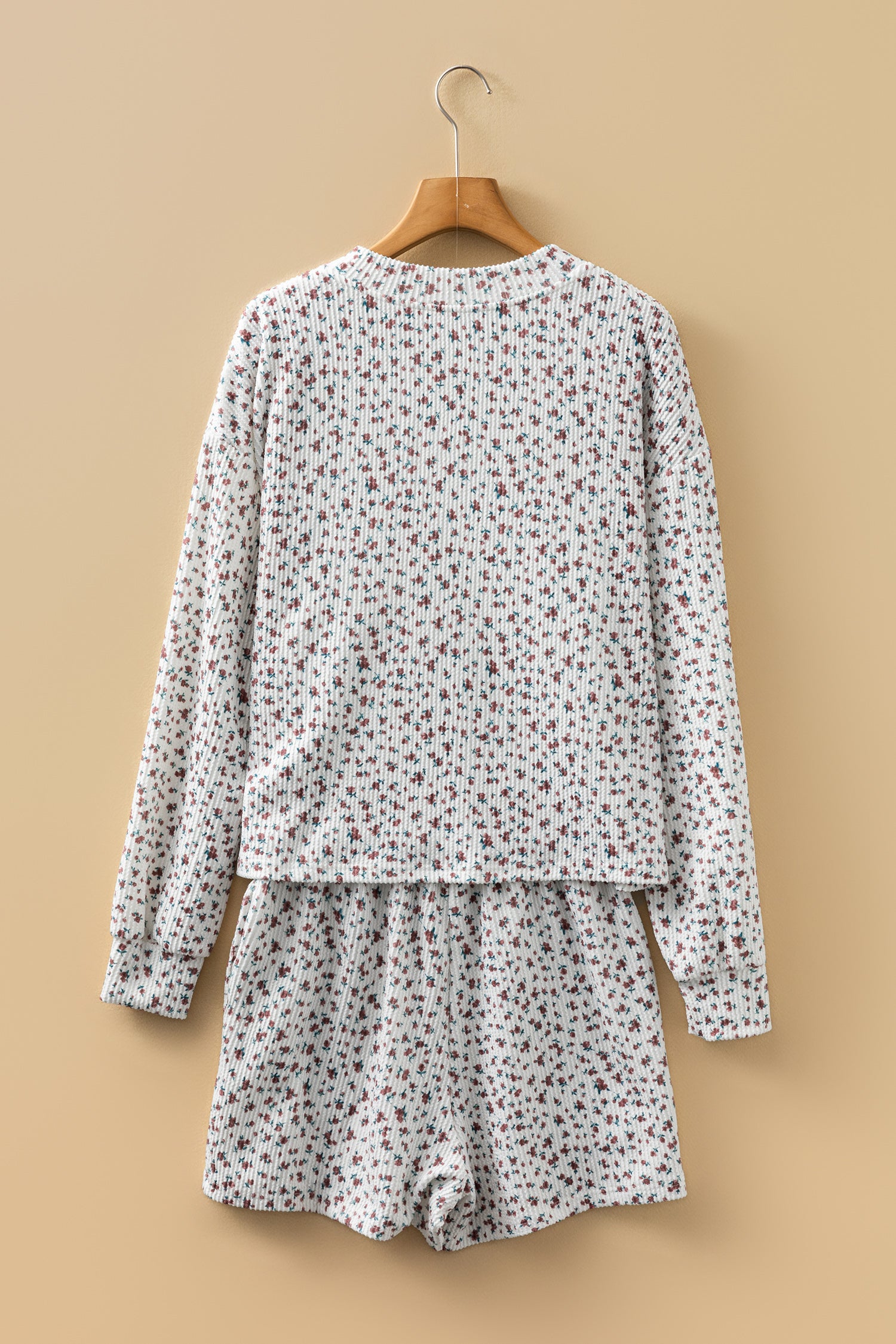 White Spiral Ribbed Floral Print Long Sleeve Henley Top Drawstring Short Set 🇺🇸