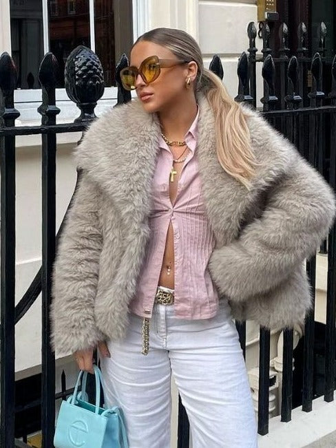 Winter Plush Coat Fashion Warm Thicken Fluffy Lapel Jacket Outwear with Casual Long Sleeve 🇨🇳