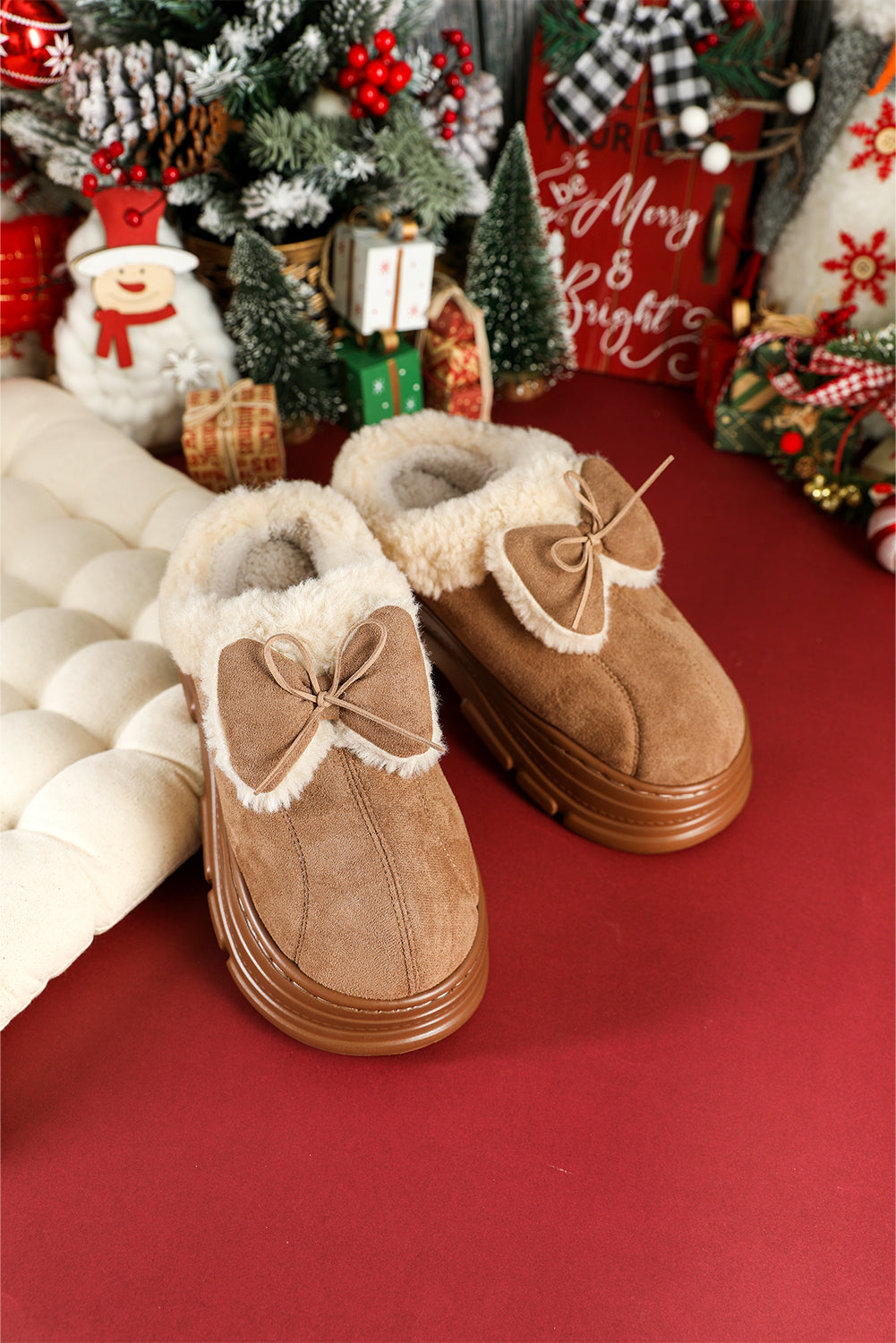 Straw Yellow Cozy Faux Fur Lined Bow Decor Clog Slippers 🇺🇸
