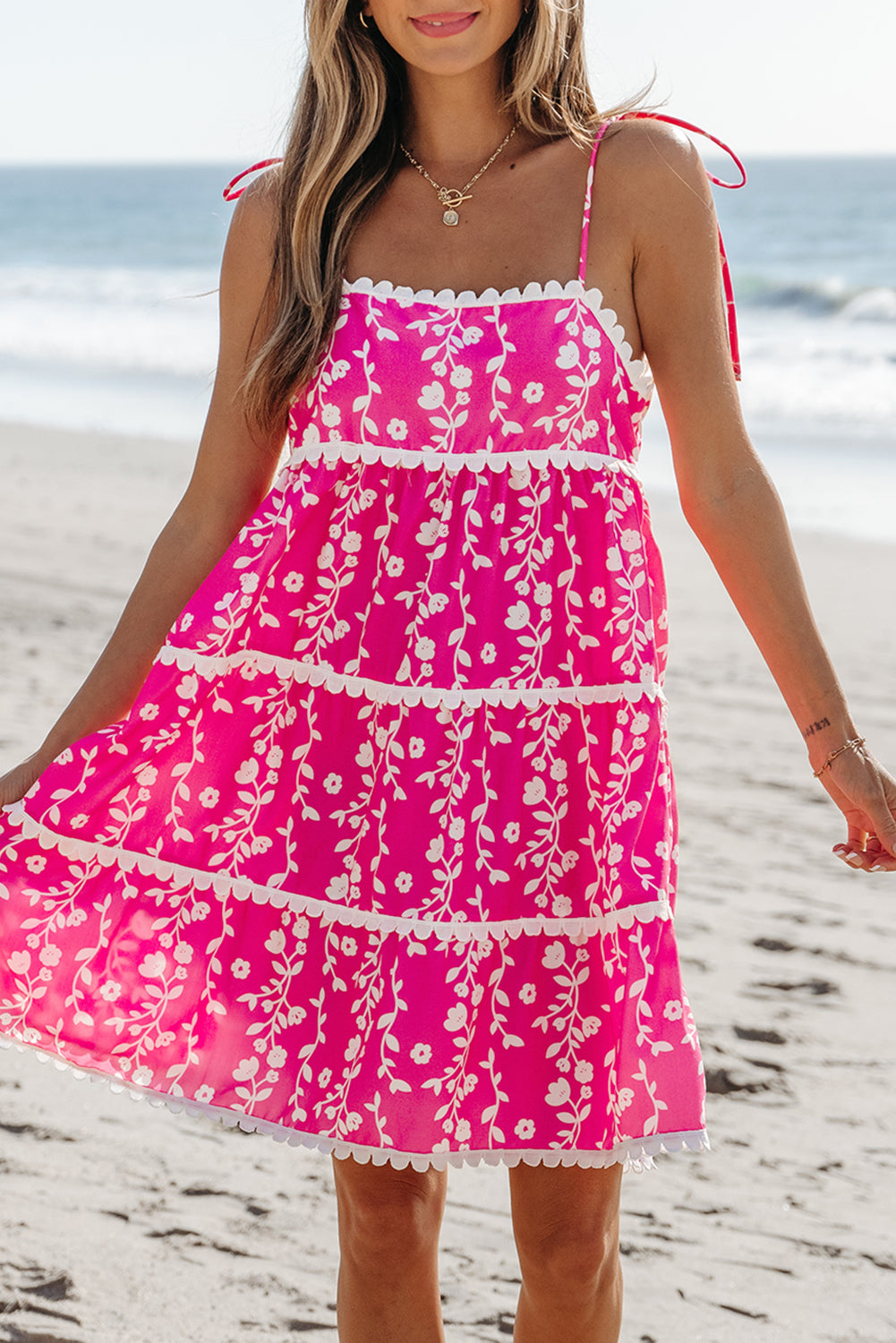 Pink Floral Print Ric Rac Patched Sleeveless Mini Dress 🇺🇸