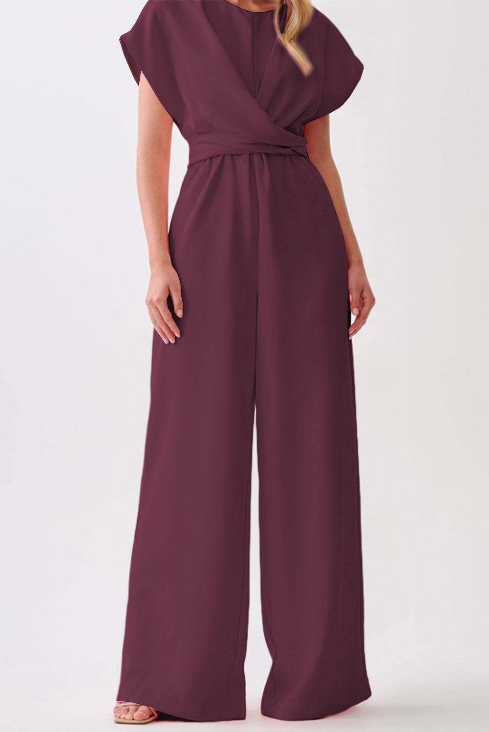 Burgundy Solid Color Cap Sleeve Knot Waist Shift Jumpsuit 🇺🇸