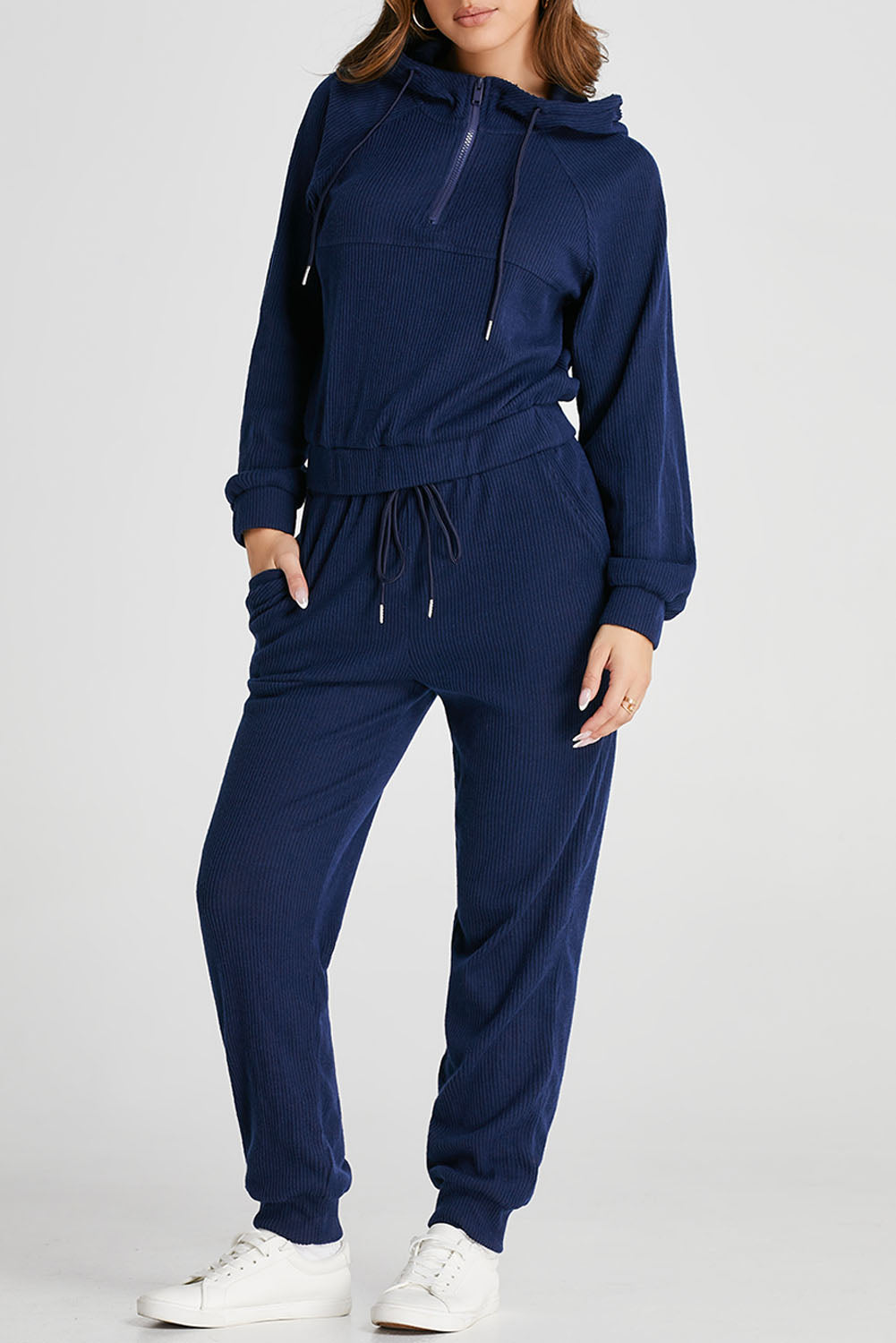 Navy Blue Ribbed Knit Cropped Hoodie and Drawstring Joggers Set 🇺🇲