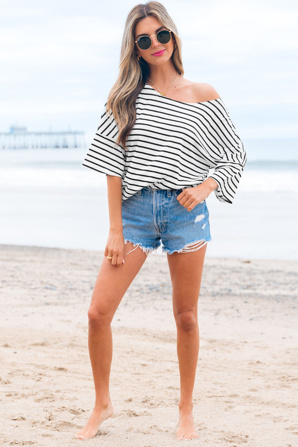 Black Stripe Half Sleeve Scoop Neck Loose Top 🇨🇳
