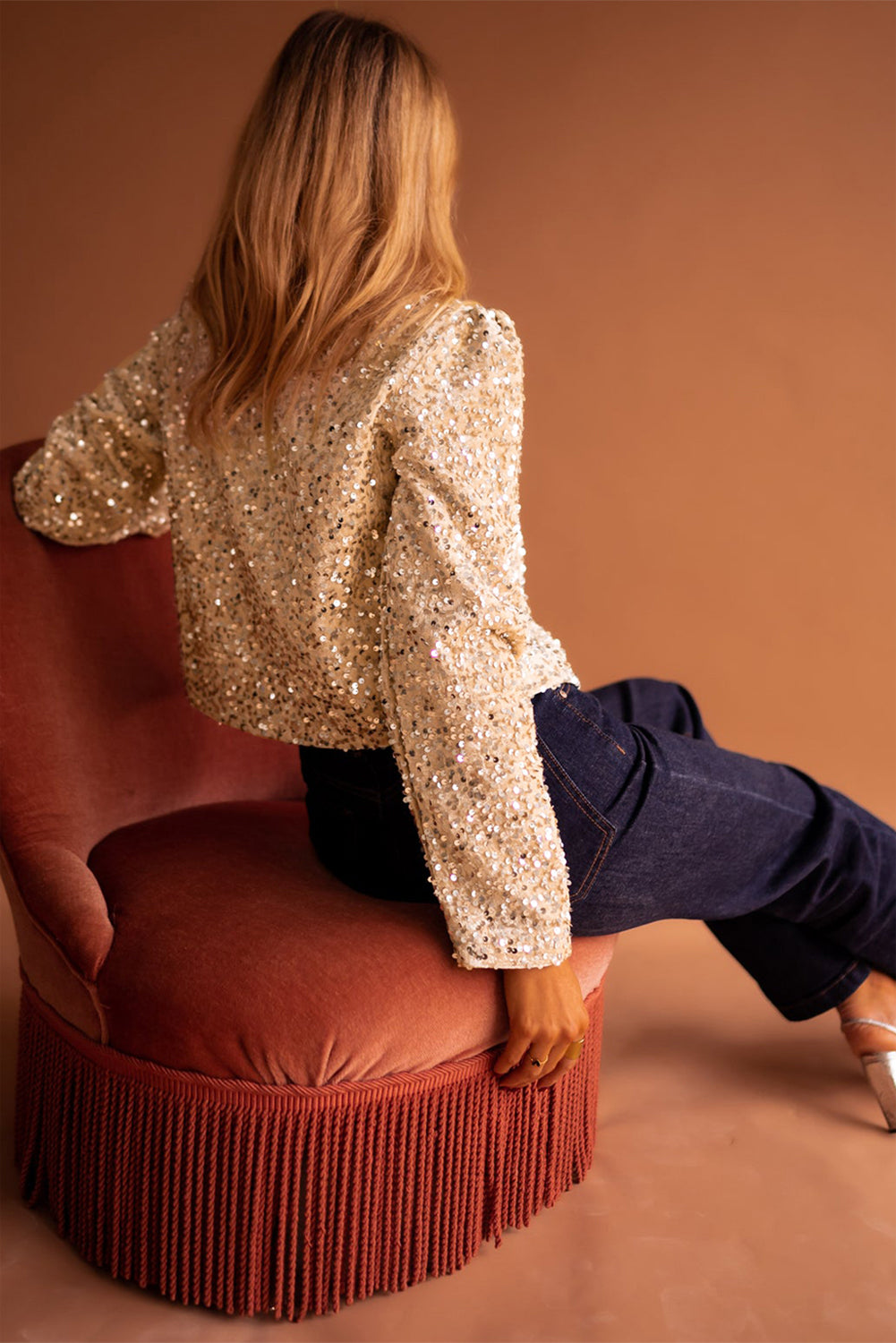 Golden Fleece Sequined Open Front Cropped Jacket 🇺🇸
