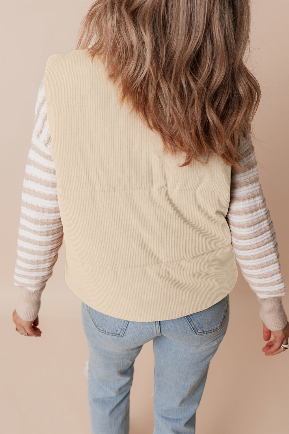 Beige Corduroy Stand Neck Zipped Puffer Vest 🇺🇸