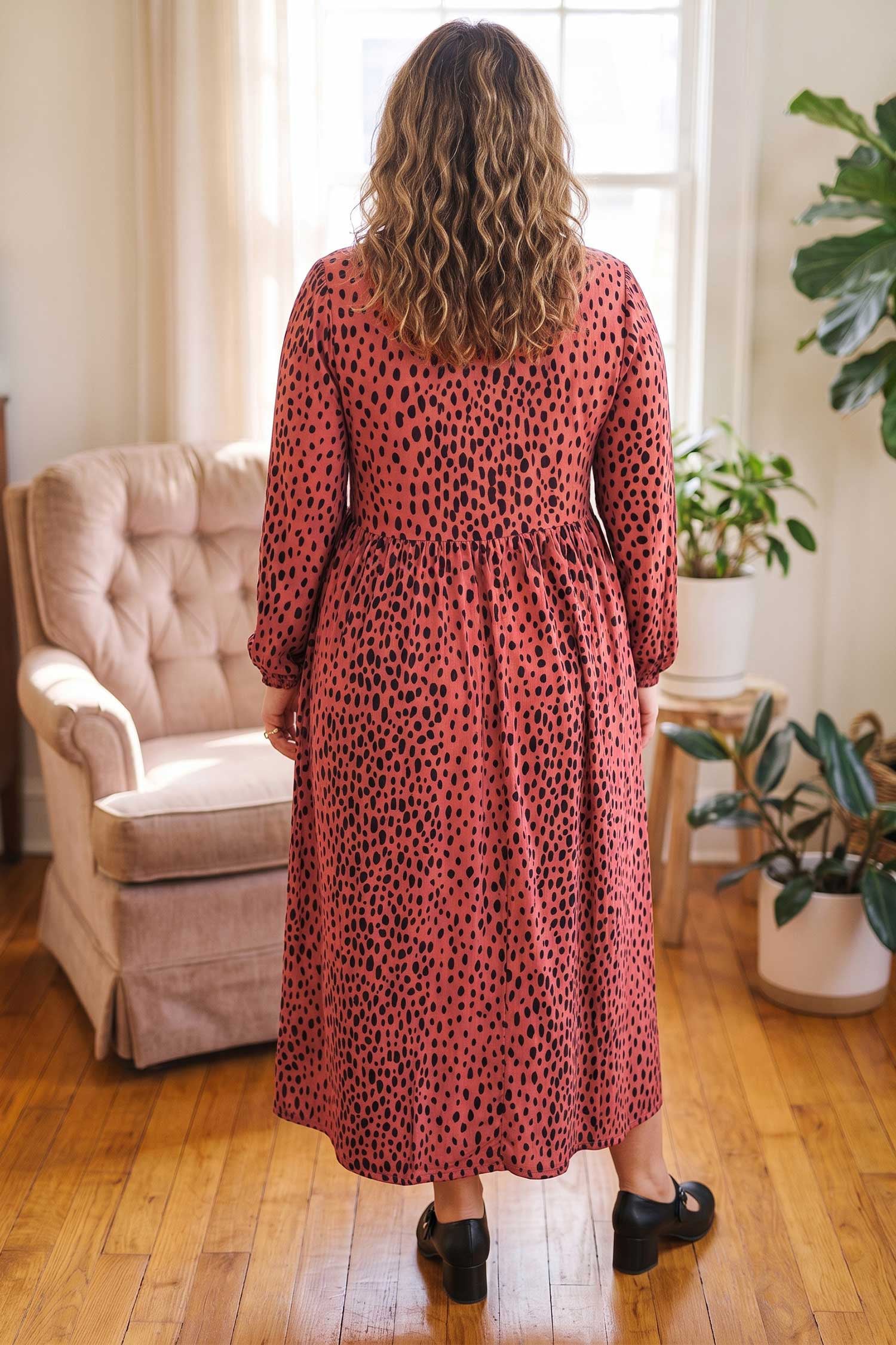 Red Leopard Print Long Sleeve V Neck Plus Size Midi Dress 🇺🇸