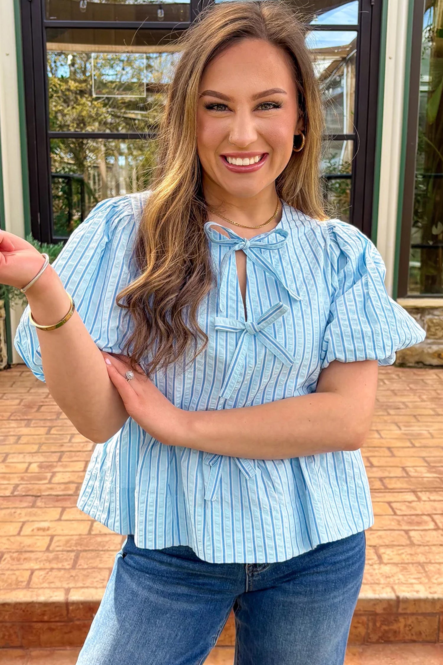 Sky Blue Stripe Bow Knot Textured Short Puff Sleeve Babydoll Blouse 🇺🇸