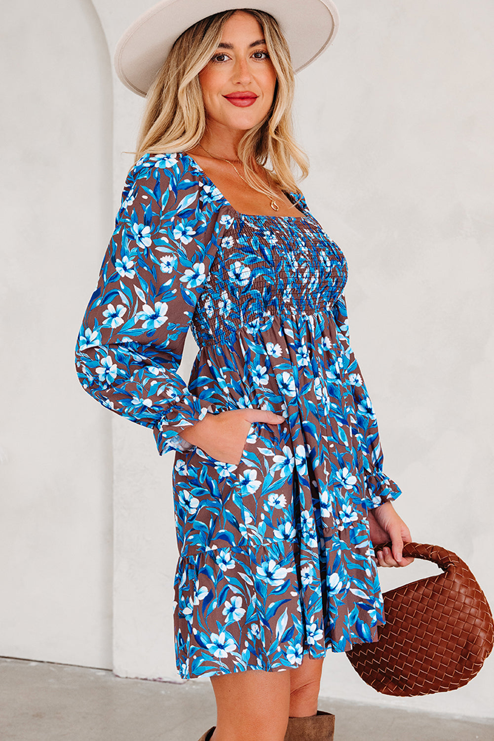 Blue Smocked Bodice High Waist Ruffled Sleeve Floral Dress 🇺🇸