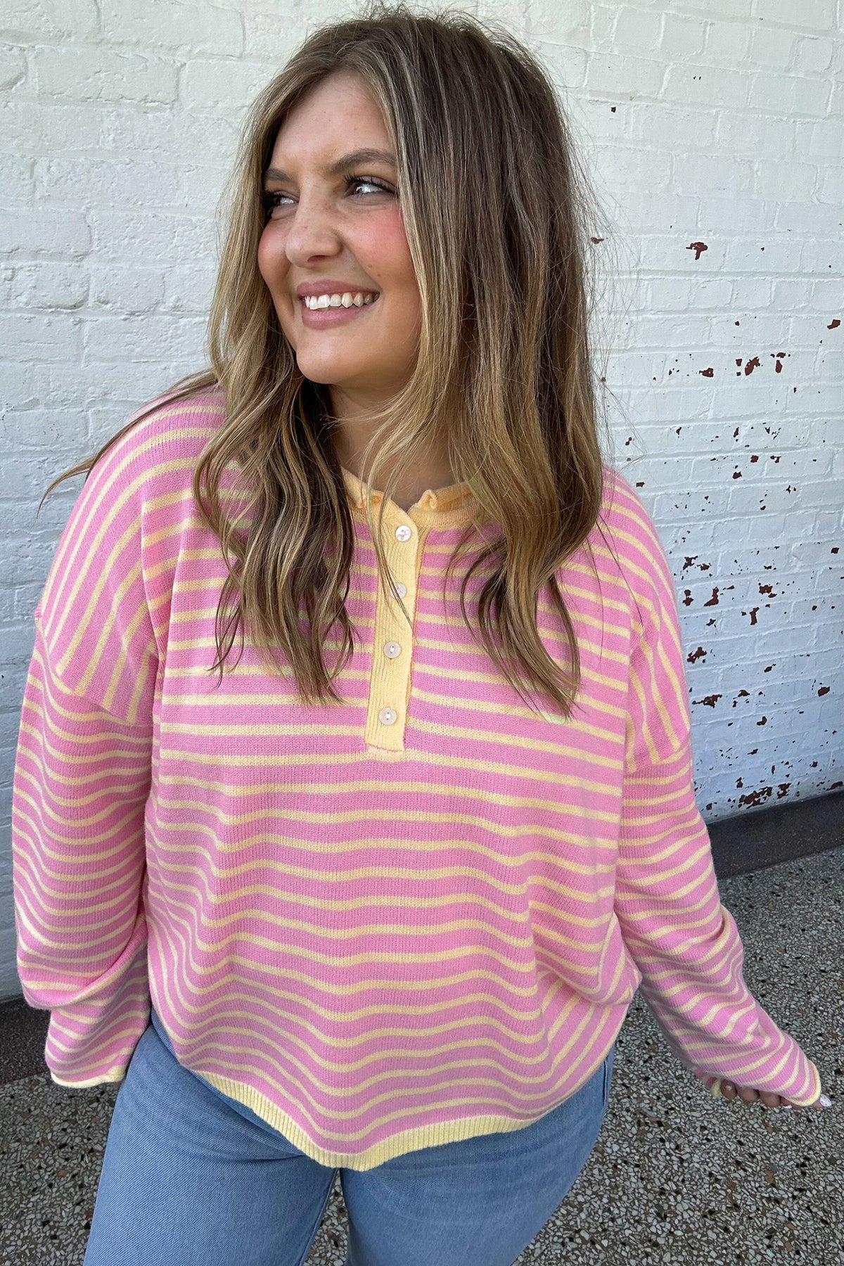 Pink Stripe Striped Colorblock Long Sleeve V Neck Shift Plus Size Sweater 🇺🇸