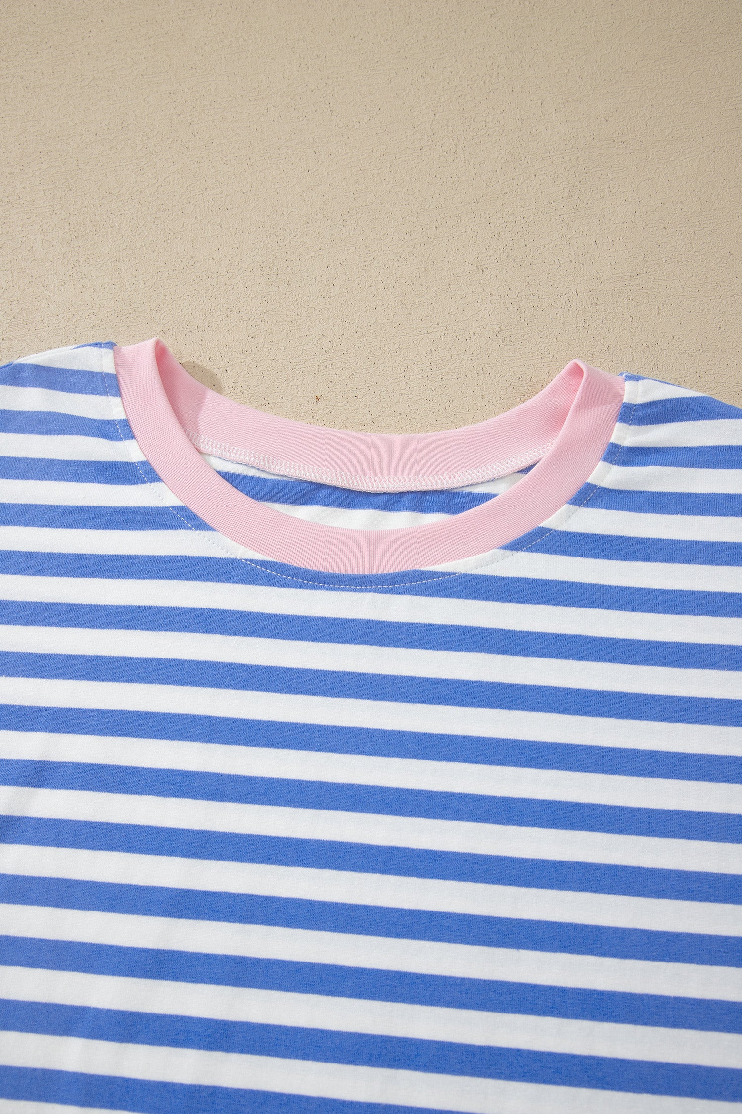 Sky Blue Stripe Contrast Trim Crew Neck Tee Knot Shorts 2pcs Set 🇺🇸