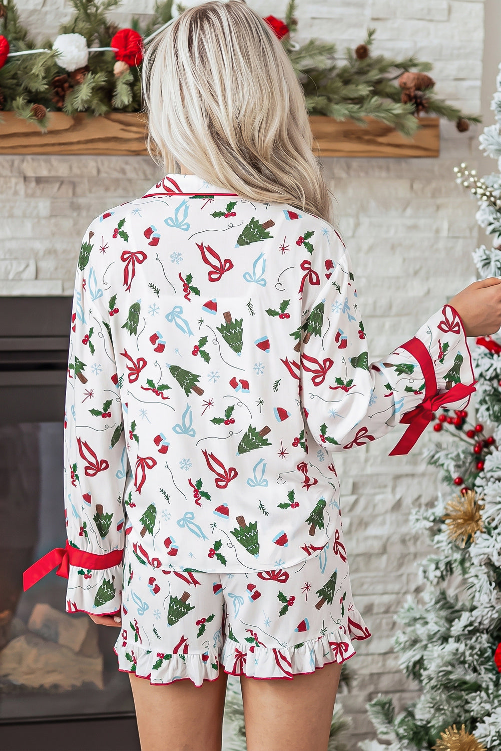 White Christmas Print Ruffle Cuff Long Sleeve Lounge Set 🇺🇸