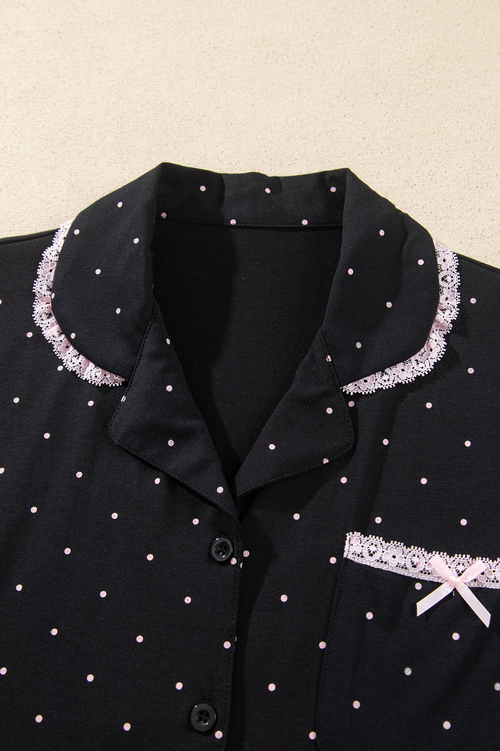 Black Polka Dot Long Sleeve Shirt Lace Detail Two Piece Pajama Pant Set 🇺🇸