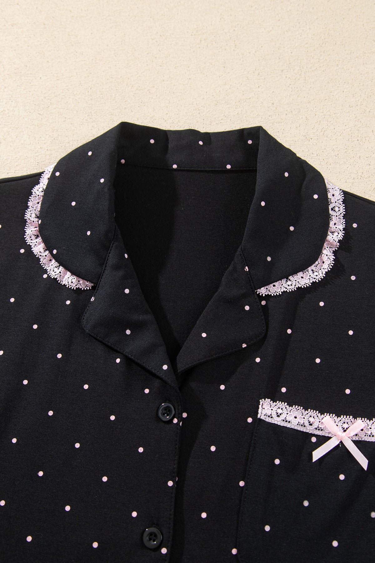Black Polka Dot Long Sleeve Shirt Lace Detail Two Piece Pajama Pant Set 🇺🇸