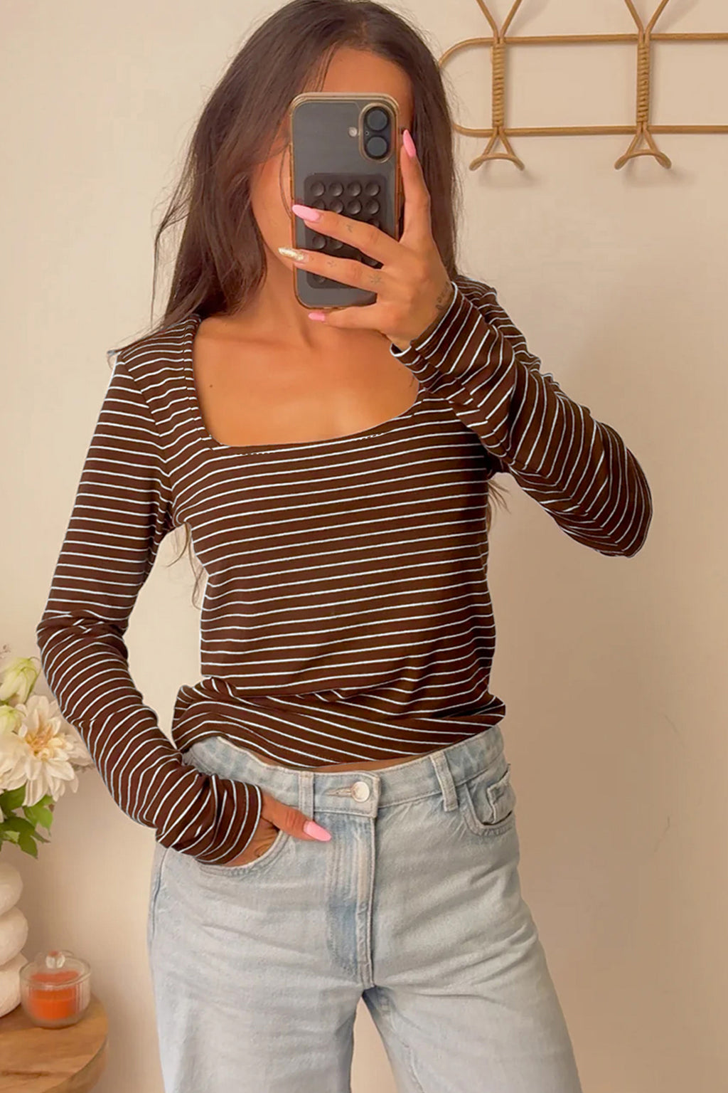 Brown Stripe Square Neck Long Sleeve Top 🇺🇸