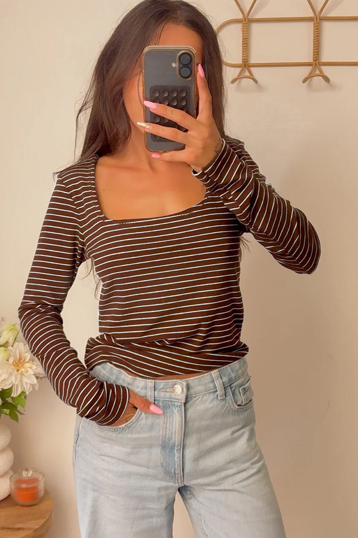Brown Stripe Square Neck Long Sleeve Top 🇺🇸