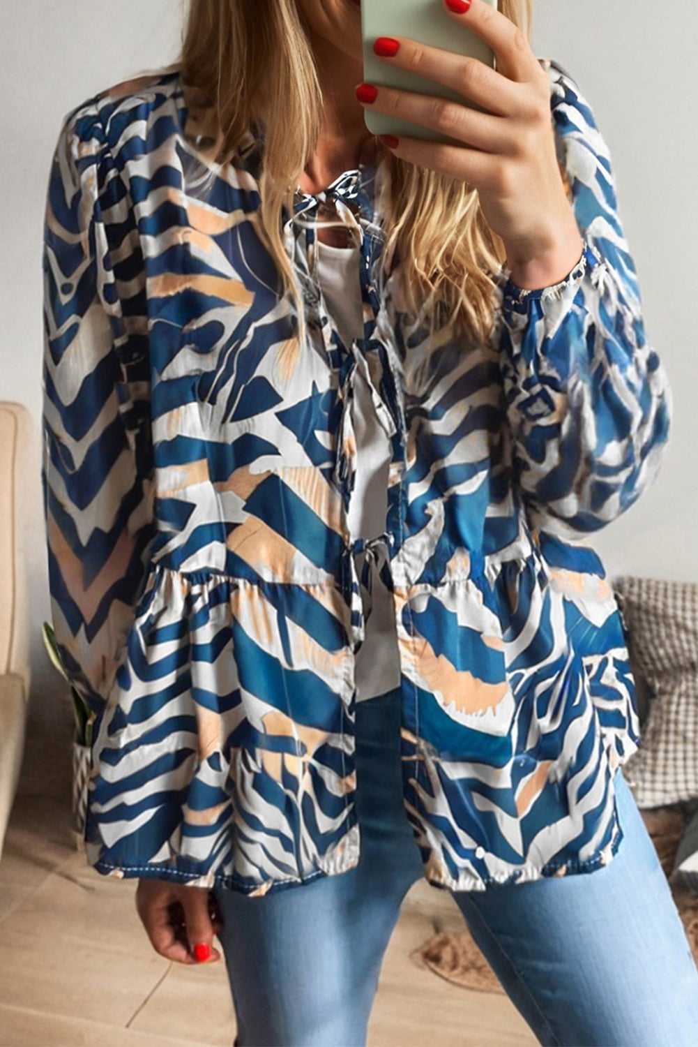 Blue Zebra Print Tied Front Puff Sleeve Top 🇺🇸