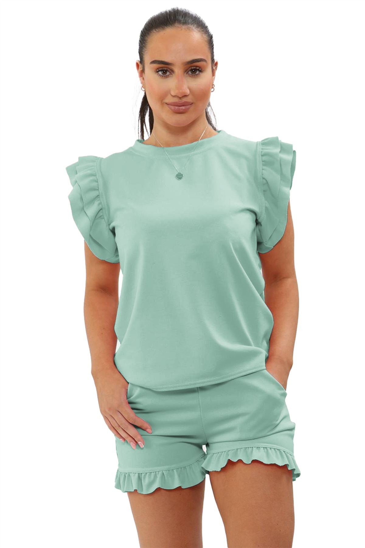 Ladies Frill Peplum Sleeve Top and Short 2 Piece Tracksuit Set 🇬🇧