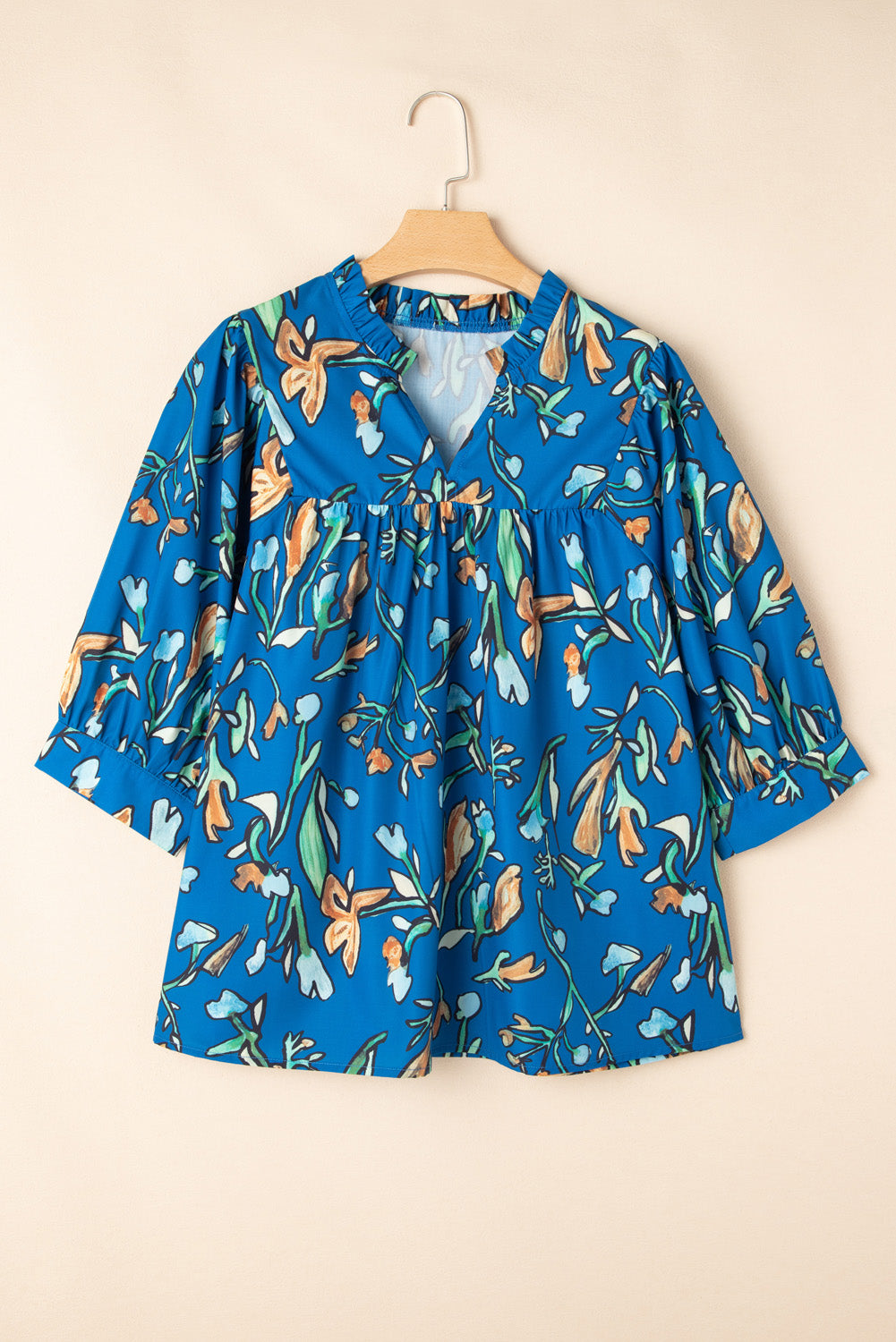 Blue Floral Notched V Neck Half Sleeve Plus Size Blouse 🇨🇳