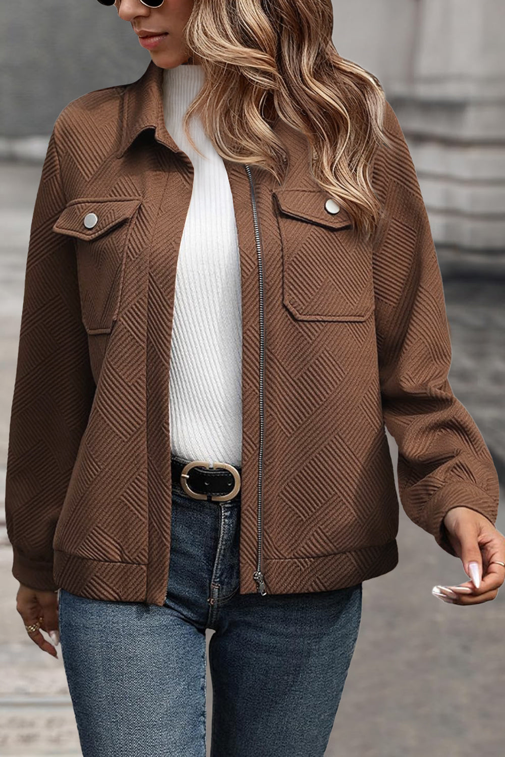 Coffee Solid Color Zip Up Button Flap Pocket Shirt Collar Jackets 🇺🇸
