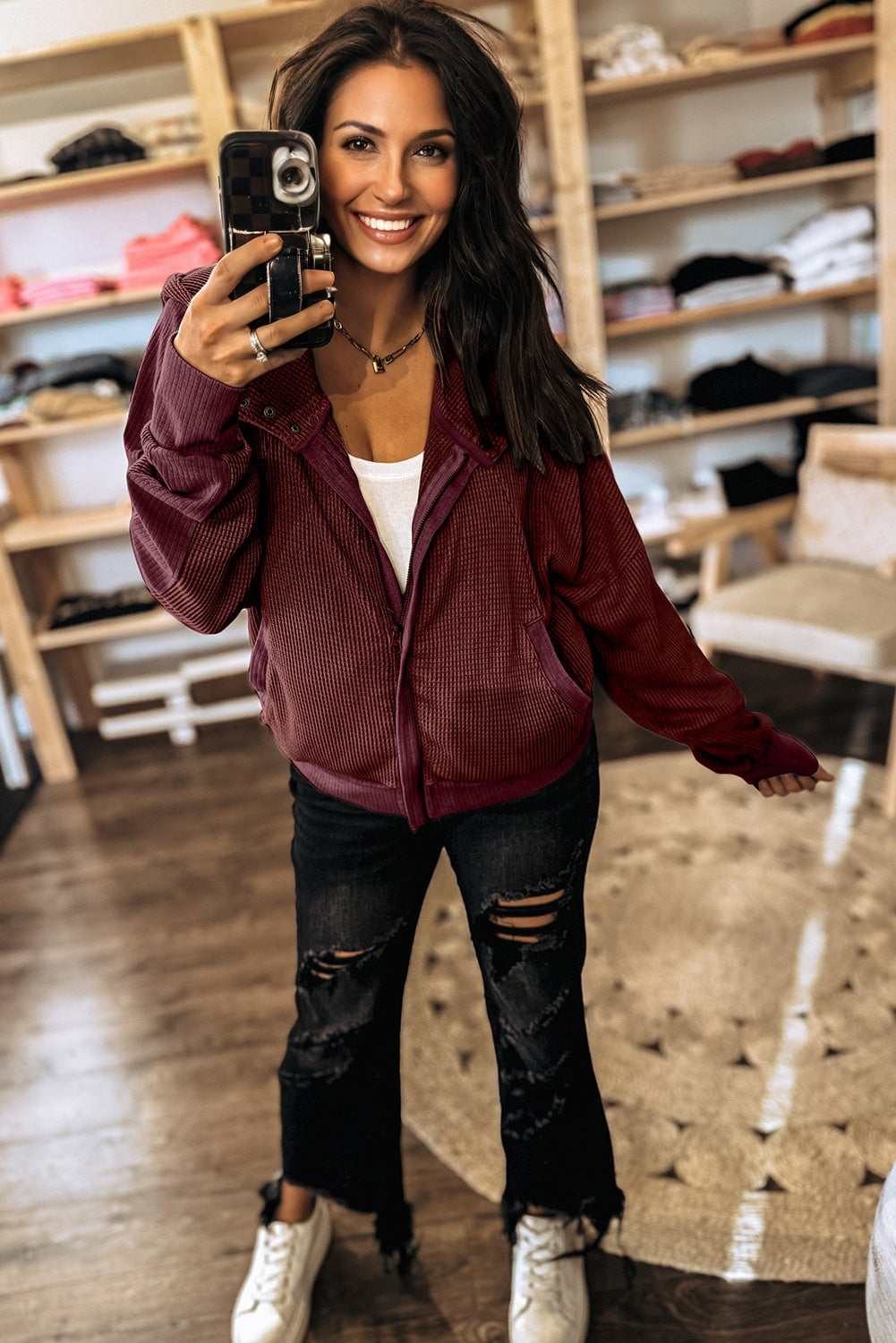 Burgundy Waffle Splicing Zip Up Front Button Hooded Jacket 🇺🇸
