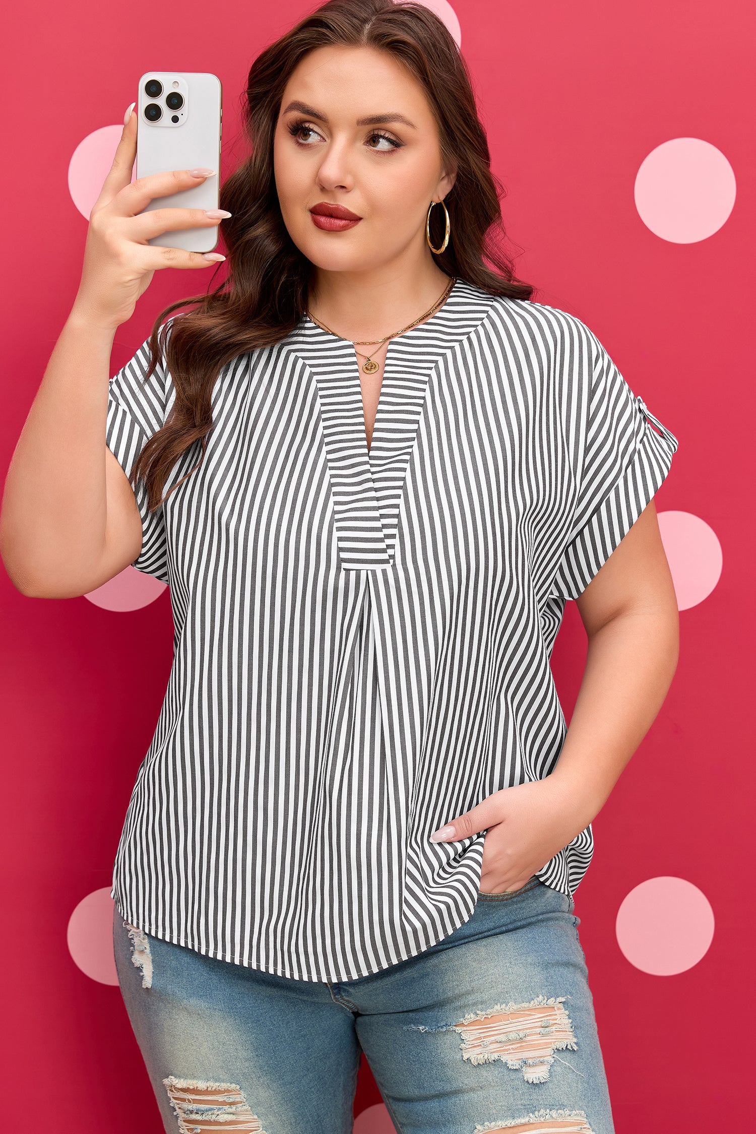 Black Stripe Plus Size V Neck Roll-tab Short Dolman Sleeve Blouse 🇺🇸
