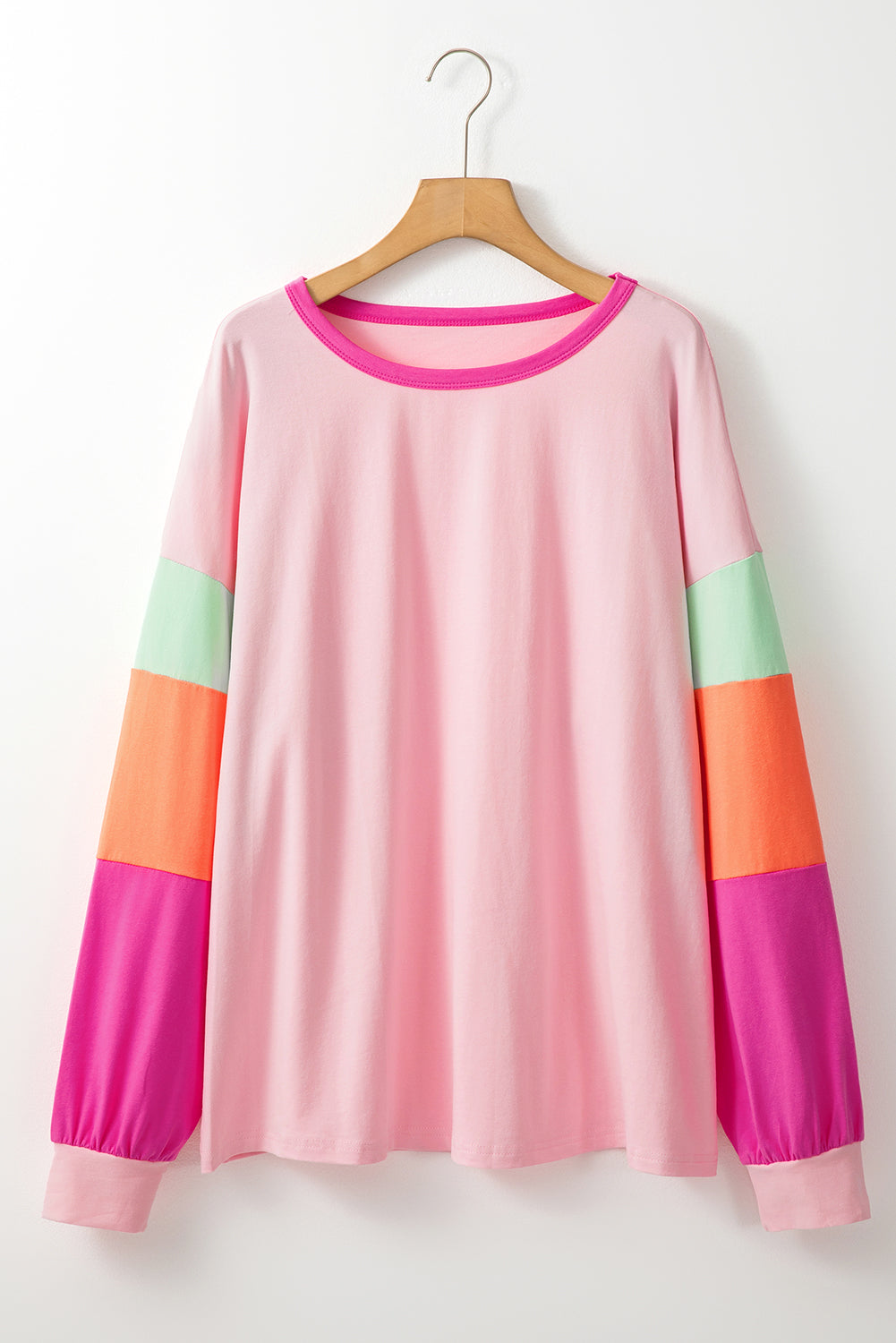 Pink Colorblock Patchwork Long Sleeve Plus Size Top 🇨🇳