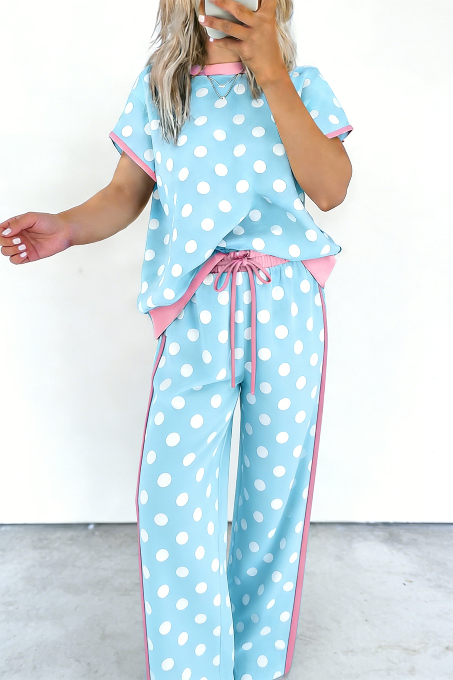 Sky Blue Polka Dot Short Sleeve Top and Pants Set 🇺🇸