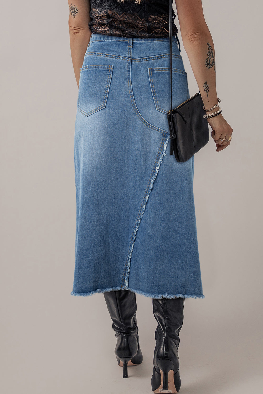 Light Blue Frayed Slit Asymmetric Denim Midi Skirt 🇺🇸