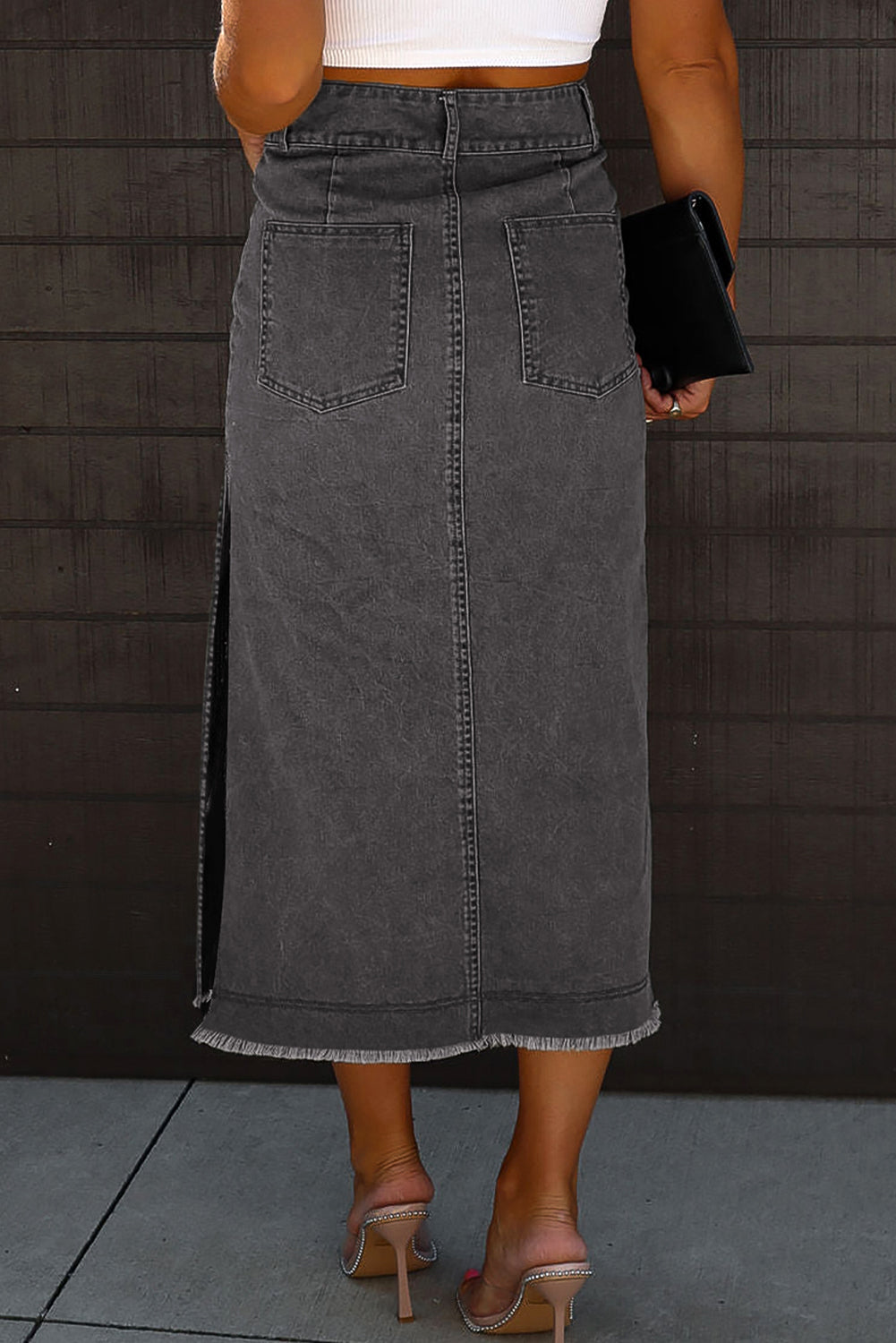 Black Raw Edge Side Slits Buttoned Midi Denim Skirt 🇺🇸