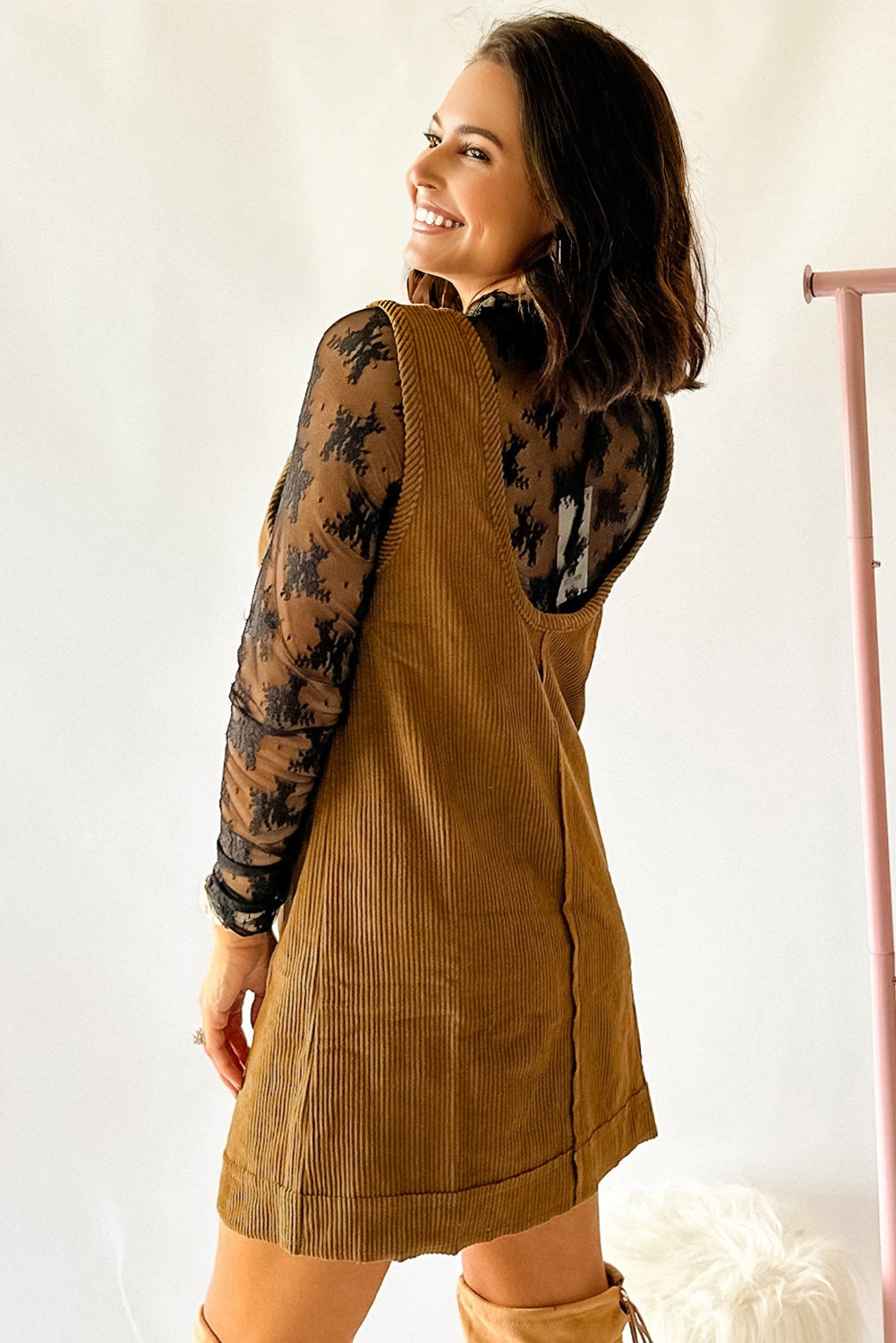 Beige Corduroy Sleeveless Mini Dress With Patched Pockets 🇺🇸