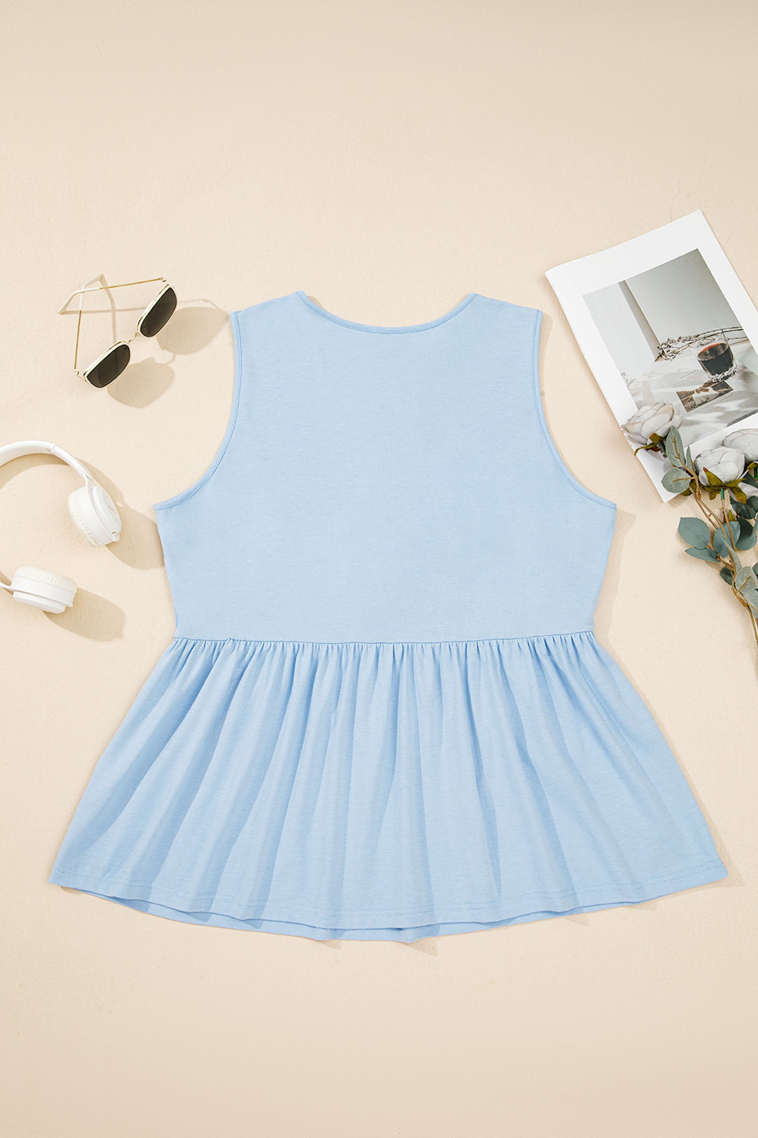 Beau Blue Plus Size Solid Color Bow Tie Peplum Tank Top 🇺🇸