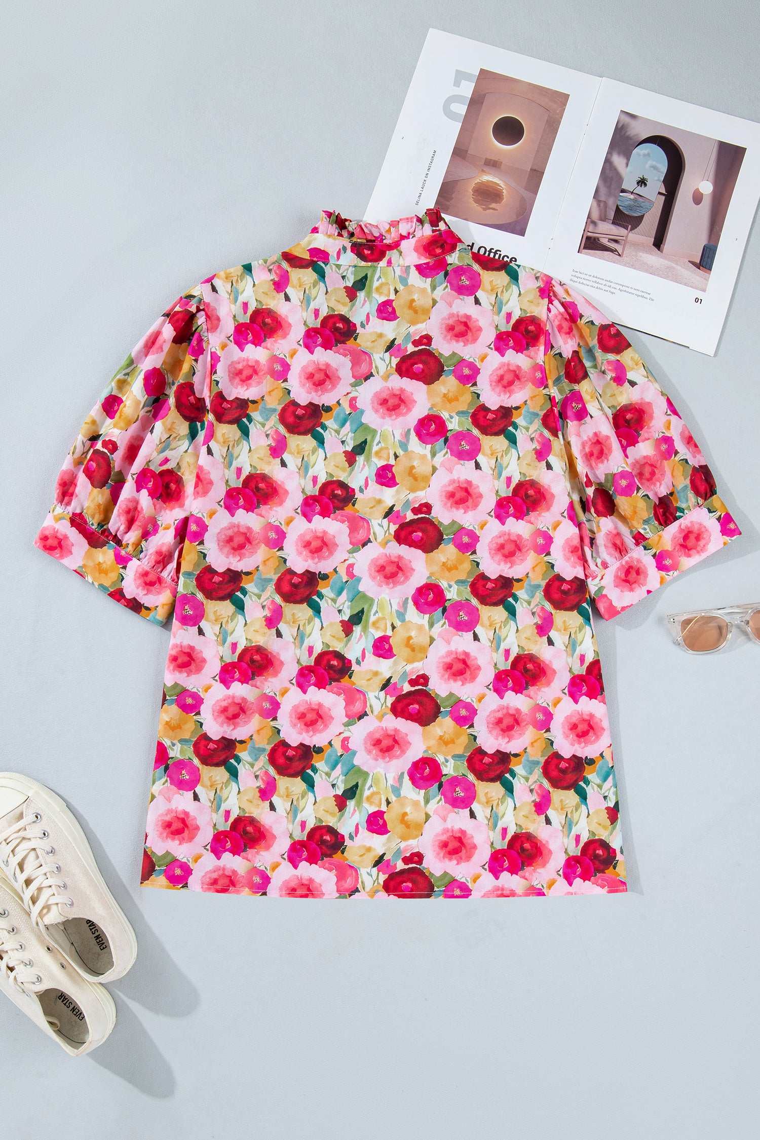Pink Plus Size Flower Print Split V Neck Puff Short Sleeve Top 🇺🇸