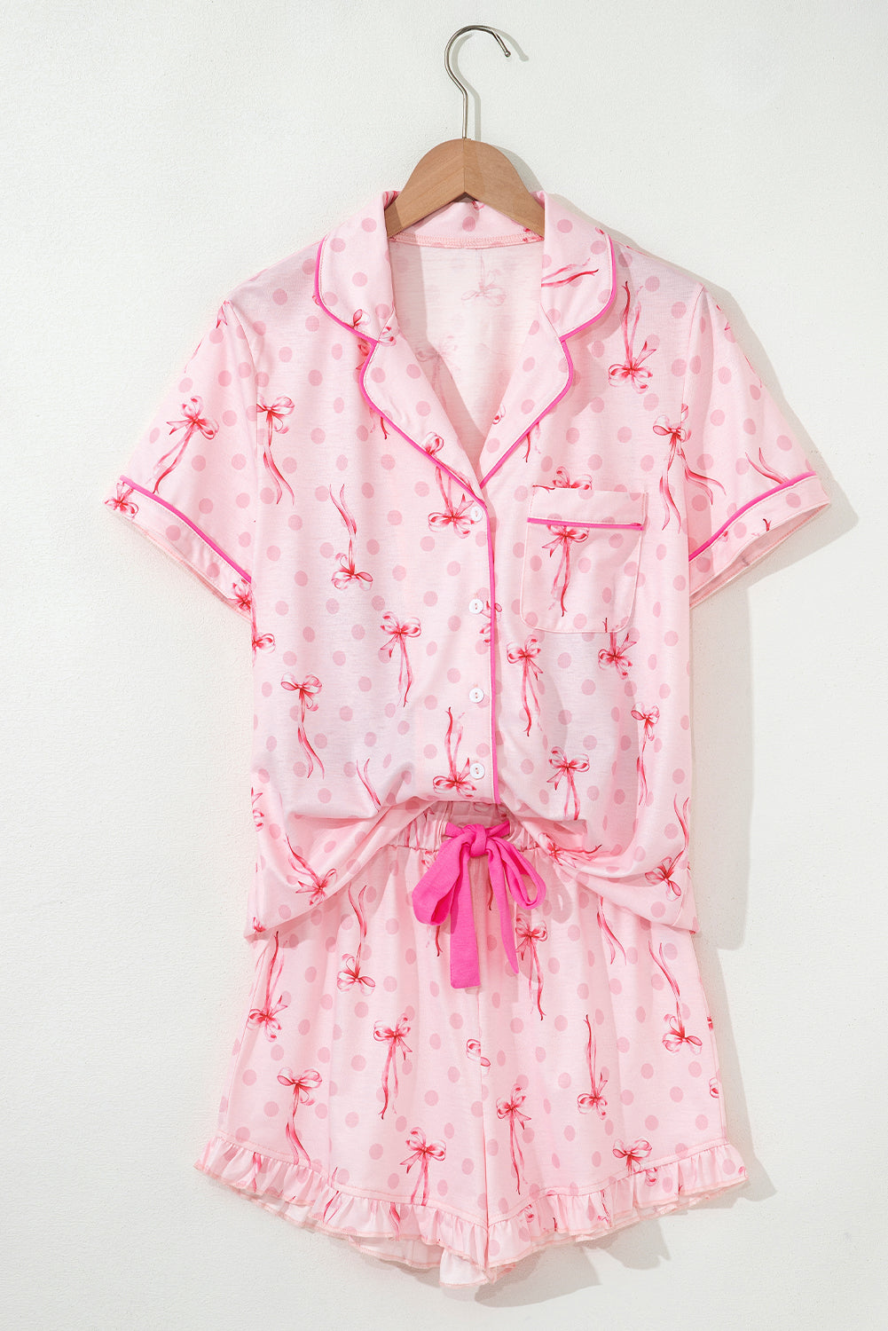 Pink Bow Print Contrast Pipping Short Pajamas Set 🇺🇸