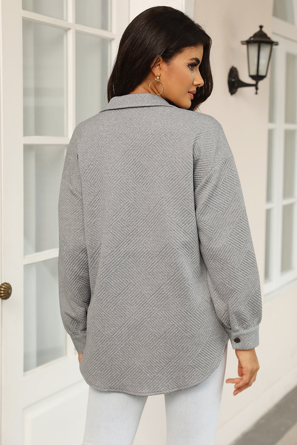 Gray Solid Textured Flap Pocket Buttoned Shacket 🇺🇸