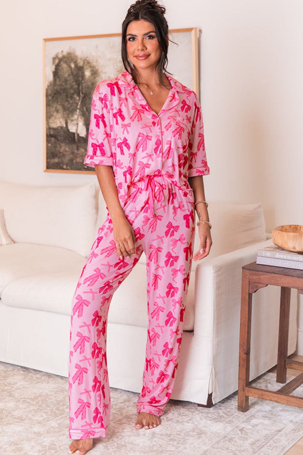 Pink Bow Knot Print Lapel Collar Short Sleeve and Pants Pajamas Set 🇺🇸