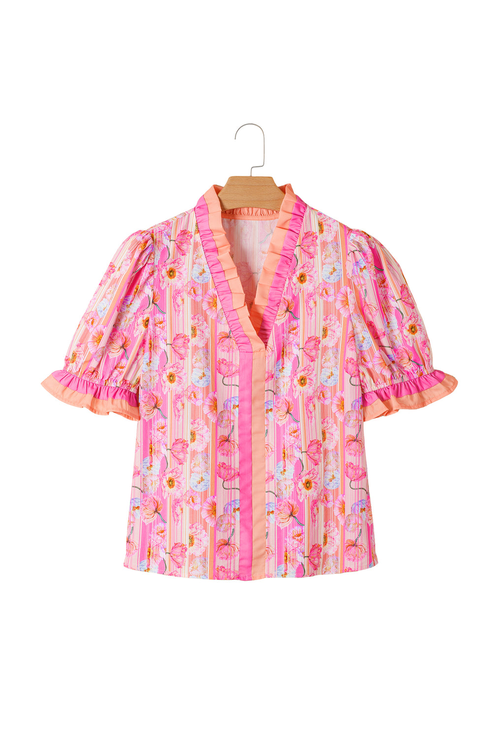 Pink Poppy Flower Striped Print Color Block Trim V Neck Short Sleeve Blouse 🇺🇸