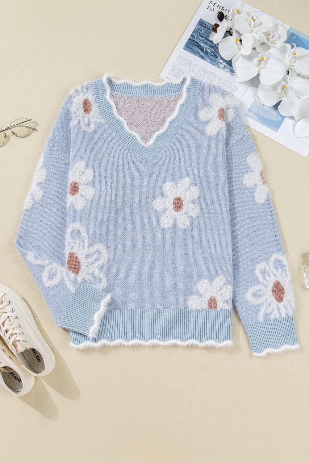 Gray Fuzzy Flower Scalloped V Neck Plus Sweater 🇺🇸