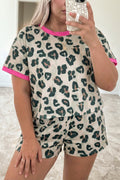 Brown Plus Size Leopard Color Block Trim Short 2pcs Set 🇺🇸