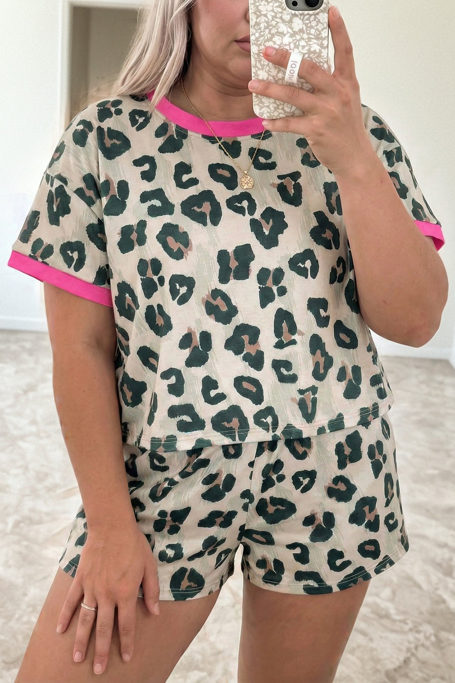 Brown Plus Size Leopard Color Block Trim Short 2pcs Set 🇺🇸