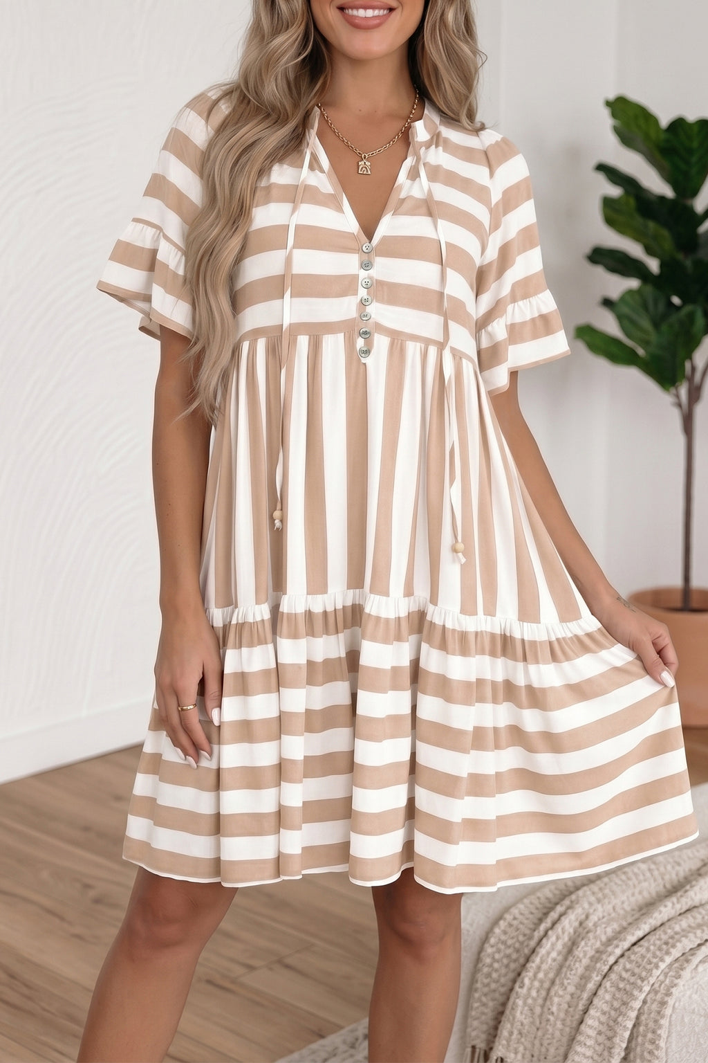 Khaki Stripe Tie V Neck Ruffle Trim Short Sleeve Flared Summer Dress 🇺🇸